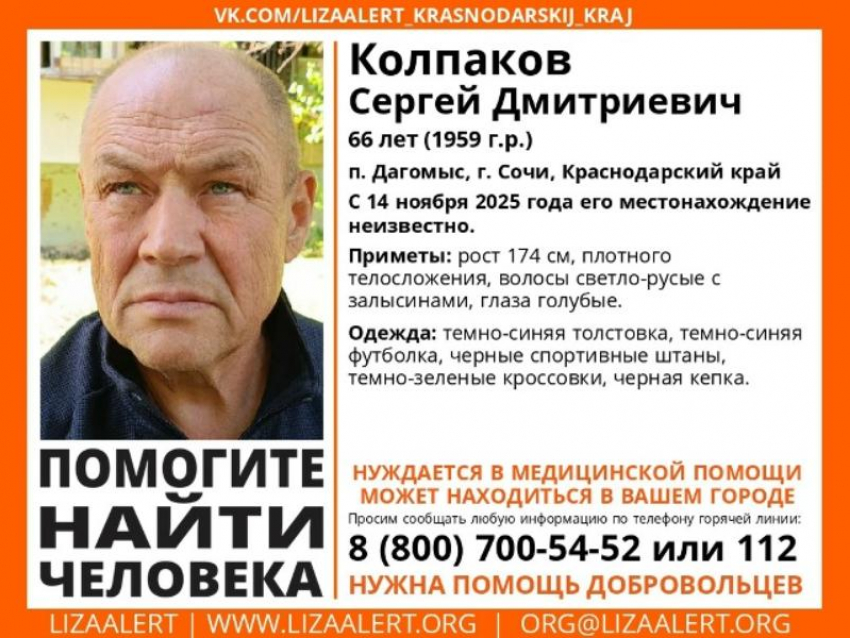 Пенсионер, нуждающийся в медицинской помощи, пропал в Сочи