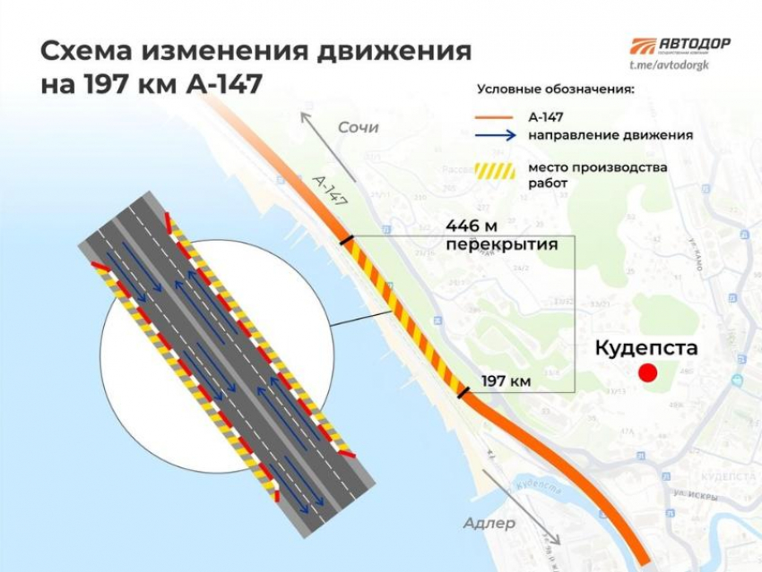 На федеральной трассе в Сочи сузили полосы движения из-за строительства обхода Адлера